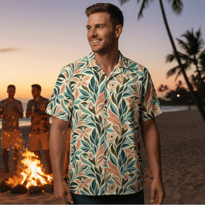 Beach Rambler Hawaiian shirt lifestyle photo - man at beach party with campfire at sunset
