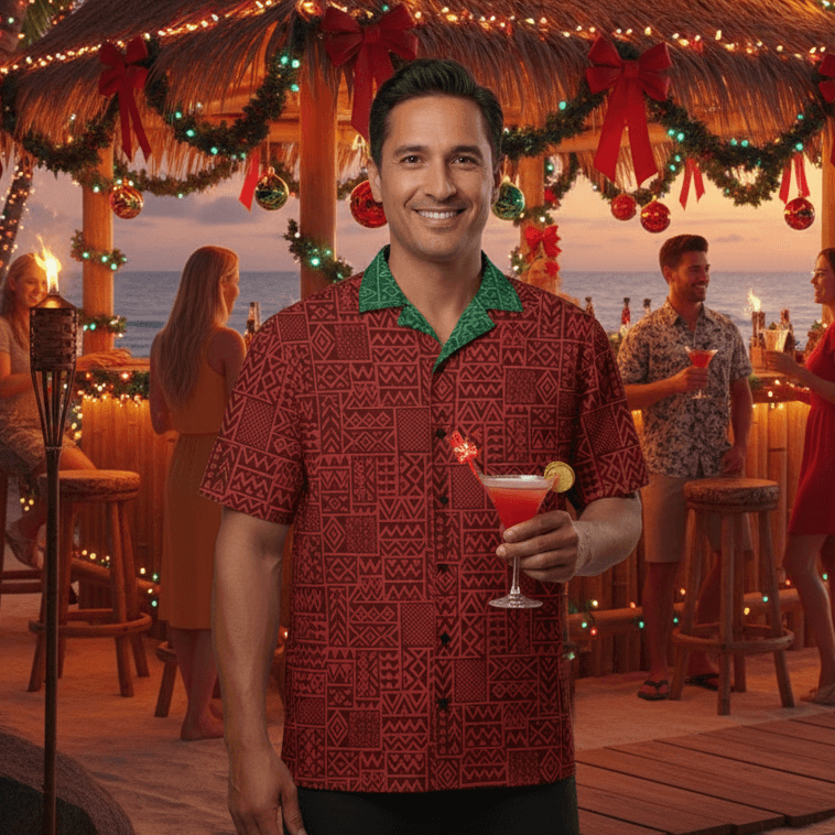 Island Christmas Hawaiian Shirt lifestyle photo - man at beachside Christmas party with tiki bar