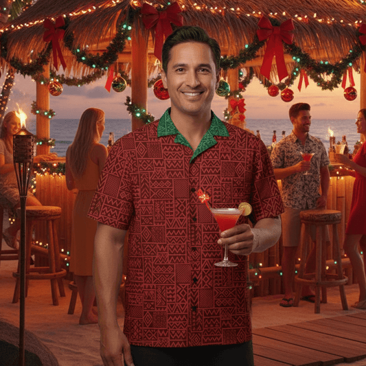 Island Christmas Hawaiian Shirt lifestyle photo - man at beachside Christmas party with tiki bar