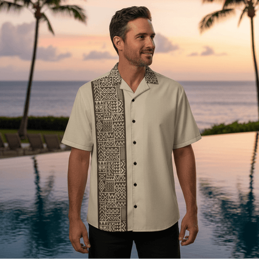 Kapa Panel Hawaiian Shirt lifestyle photo - man at upscale Hawaiian resort poolside